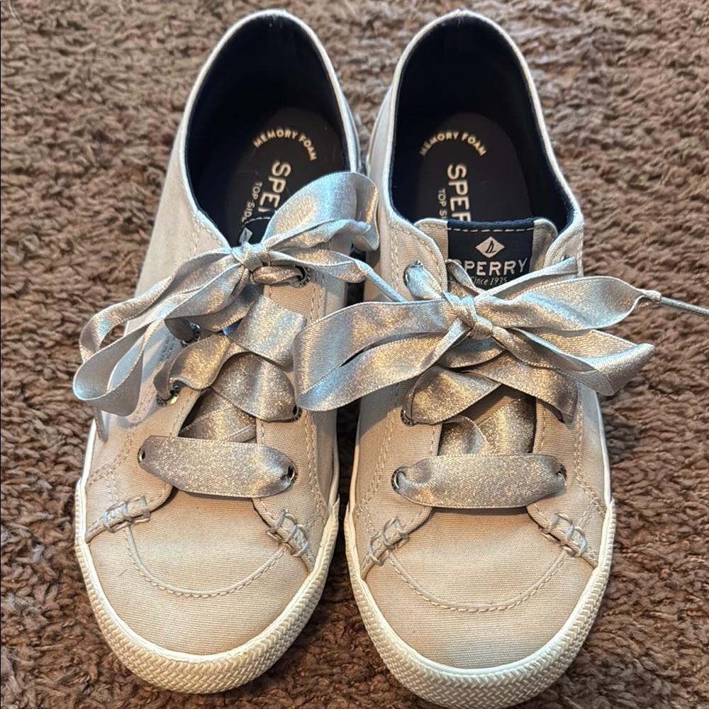 Sperry Light Gray Boat Shoes with Silver Accents